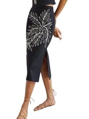 MAEVE BY ANTHROPOLOGIE Embroidered Palm Tree Black Side-Slit Midi Skirt 6